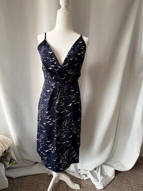 BCBGeneration Navy and White Bird-Print Midi Dress with Wrap Tie Closure